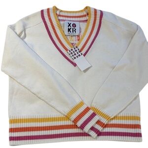 Rosenthal Get Happy v neck Sweater NEW size extra small white pink orange preppy